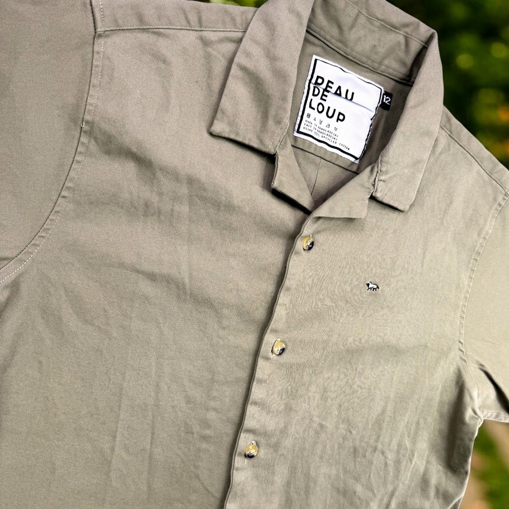 Peau De Loup Button Up Women 12 Olive Green Short Sleeve Upcycled Cotton Denim